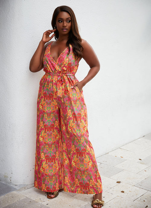 Soleil Tropical Print Wide Leg Jumpsuit W. Pockets