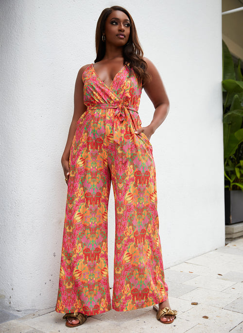 Soleil Tropical Print Wide Leg Jumpsuit W. Pockets