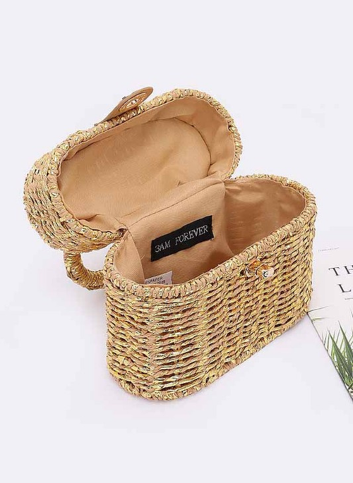 Faux Straw Metallic Top Handle Box Clutch Bag