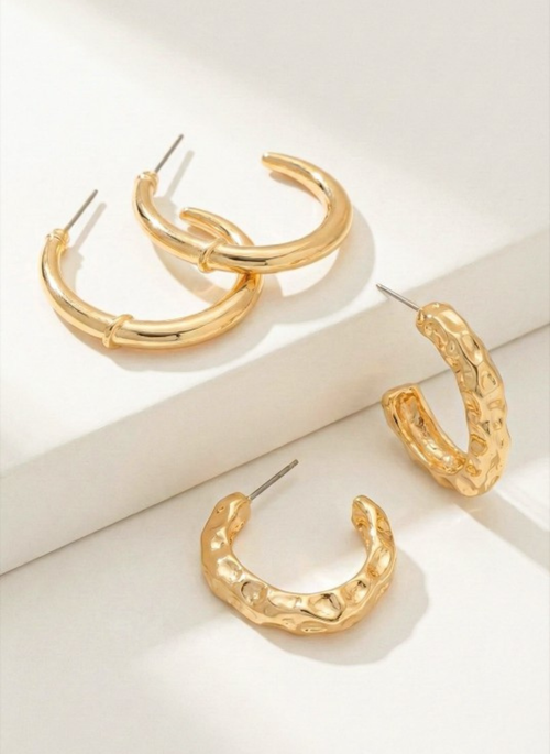 2 Pair of Medium Texture Gold Hoop Earrings Set