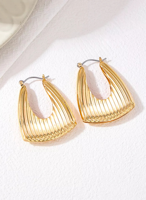 18K Gold-Plated Alloy Ribbed Triangular Hoop Earrings