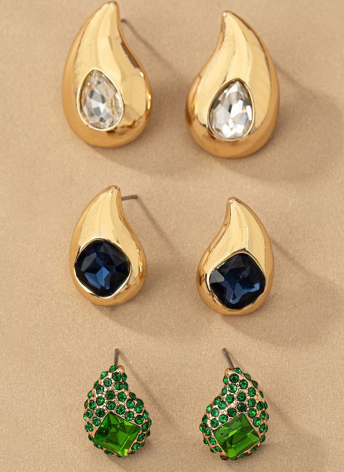 Trio Teardrop Earrings w. Rhinestones