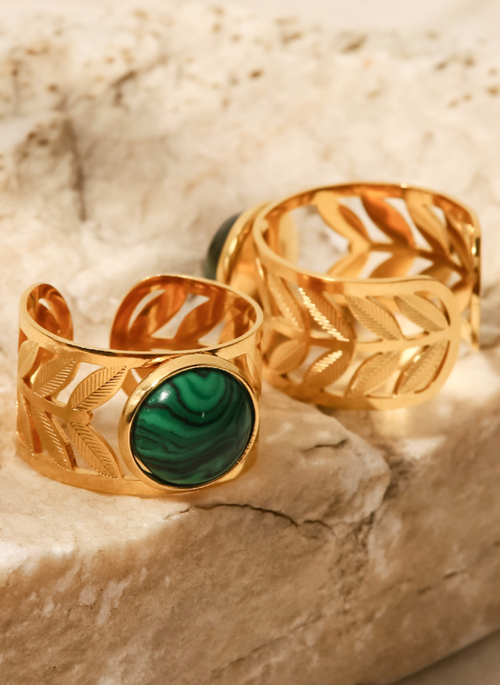 18k Gold Plated Malachite Leaf Ring