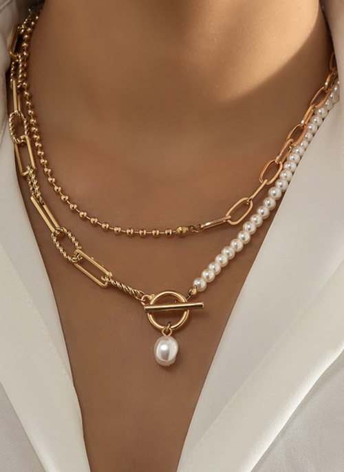Chain w. Pearl Double Layer Toggle Necklace