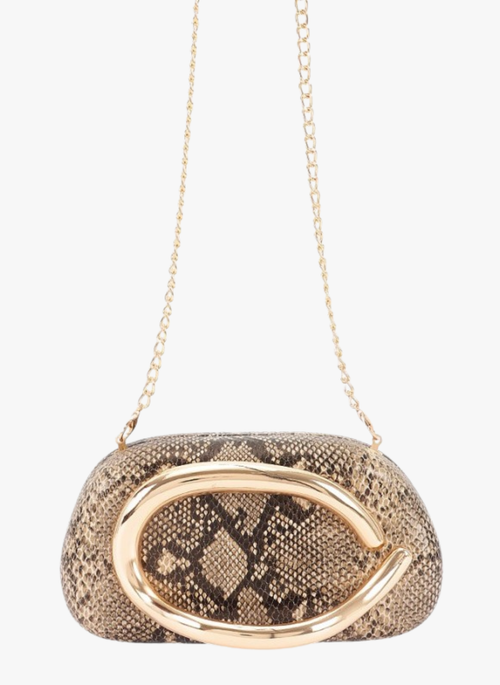 Faux Leather Metal Handle Box Clutch
