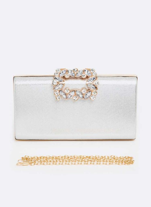 Crystal Buckle Metallic Box Clutch