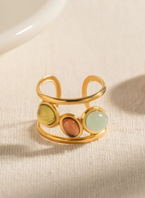 18K Gold-Plated Gemstone Open Cuff Ring