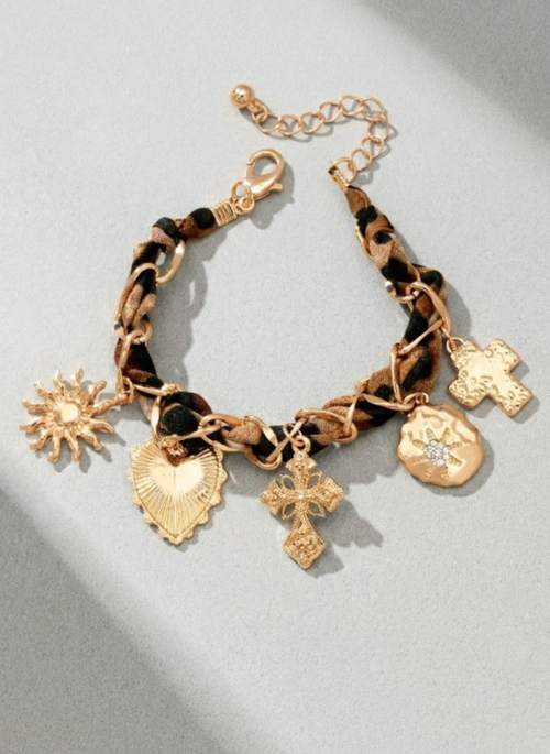 Charm Link Chain Bracelet with Leopard Weave