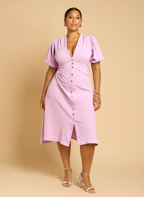 Nila Button Detail Skater Midi Dress - Lilac