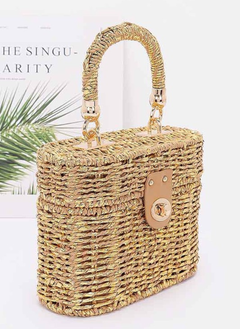 Faux Straw Metallic Top Handle Box Clutch Bag