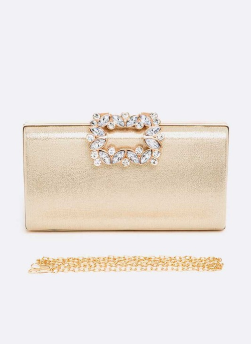 Crystal Buckle Metallic Box Clutch