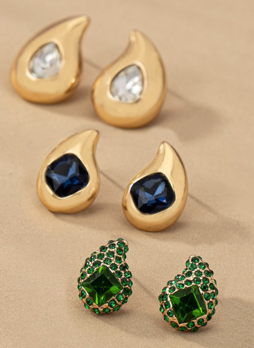 Trio Teardrop Earrings w. Rhinestones