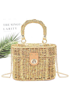 Faux Straw Metallic Top Handle Box Clutch Bag