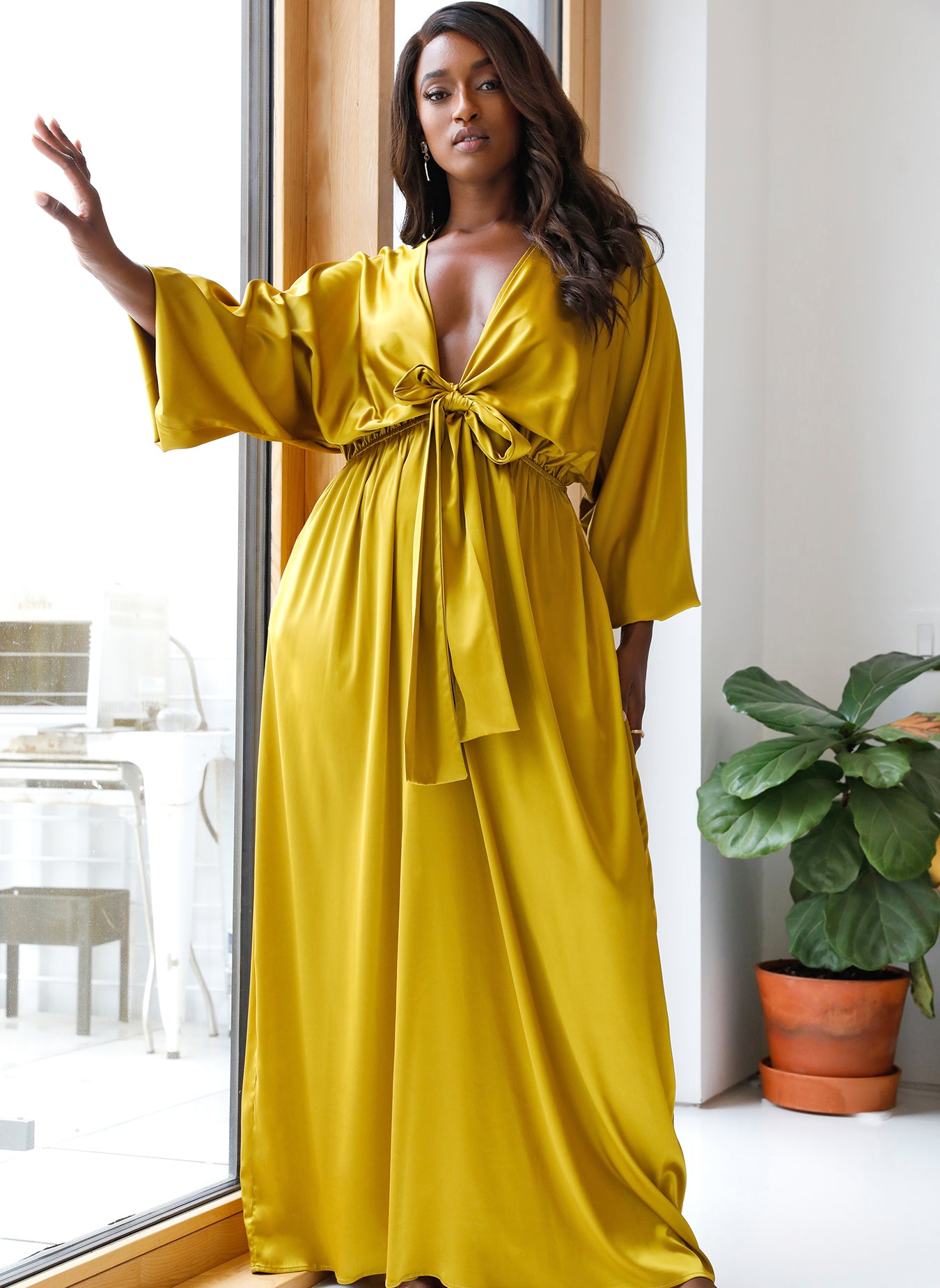 Calliope Satin Tie Front Maxi A Line Dress W. Pockets - Chartreuse