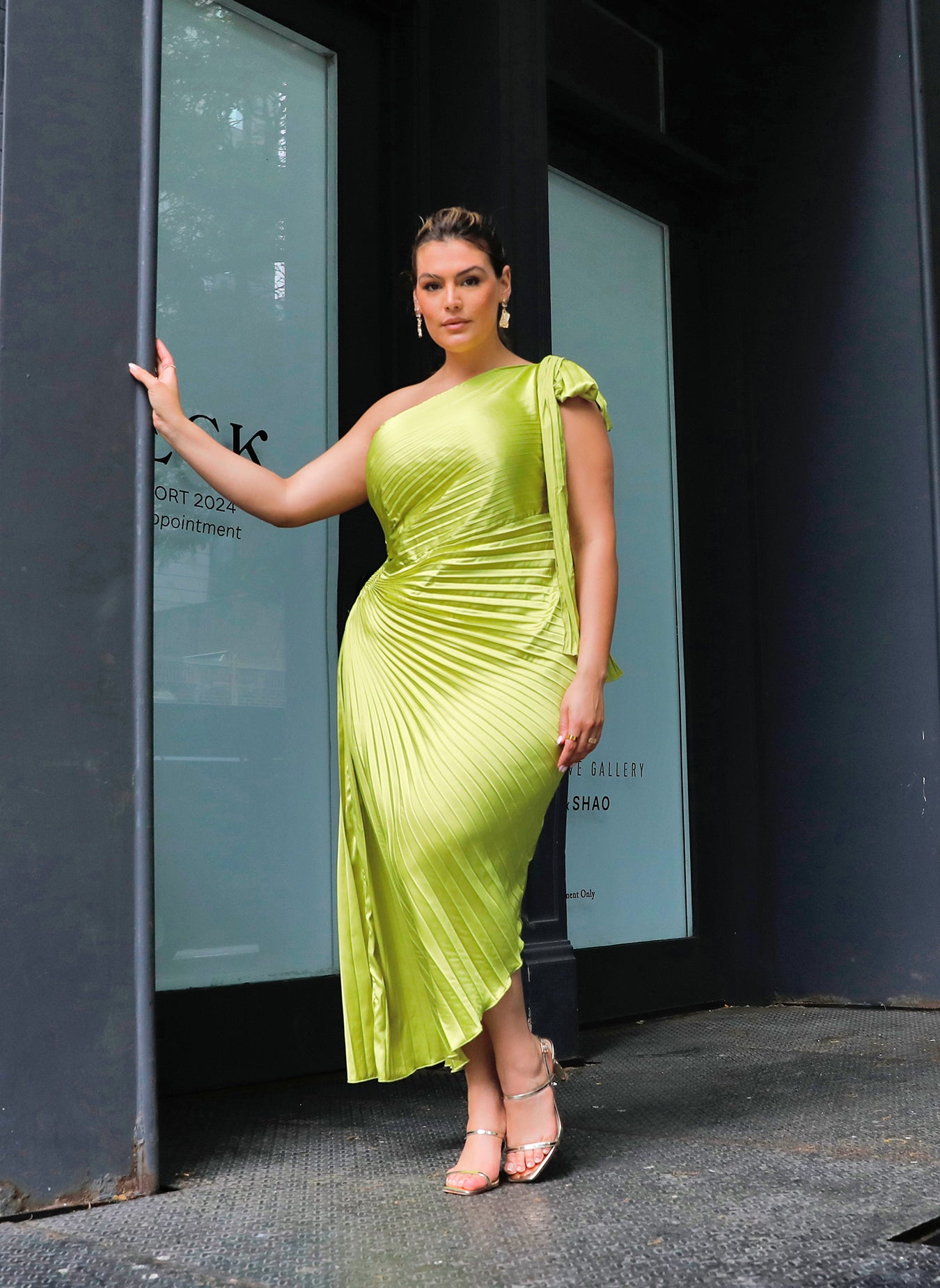 Makena Satin Pleated Asymmetrical Midi Bodycon Dress - Chartreuse