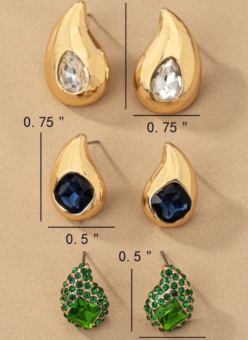 Trio Teardrop Earrings w. Rhinestones