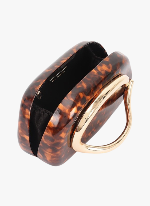 Faux Leather Metal Handle Box Clutch