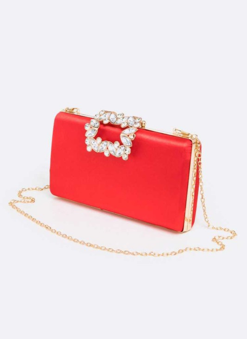 Crystal Buckle Metallic Box Clutch