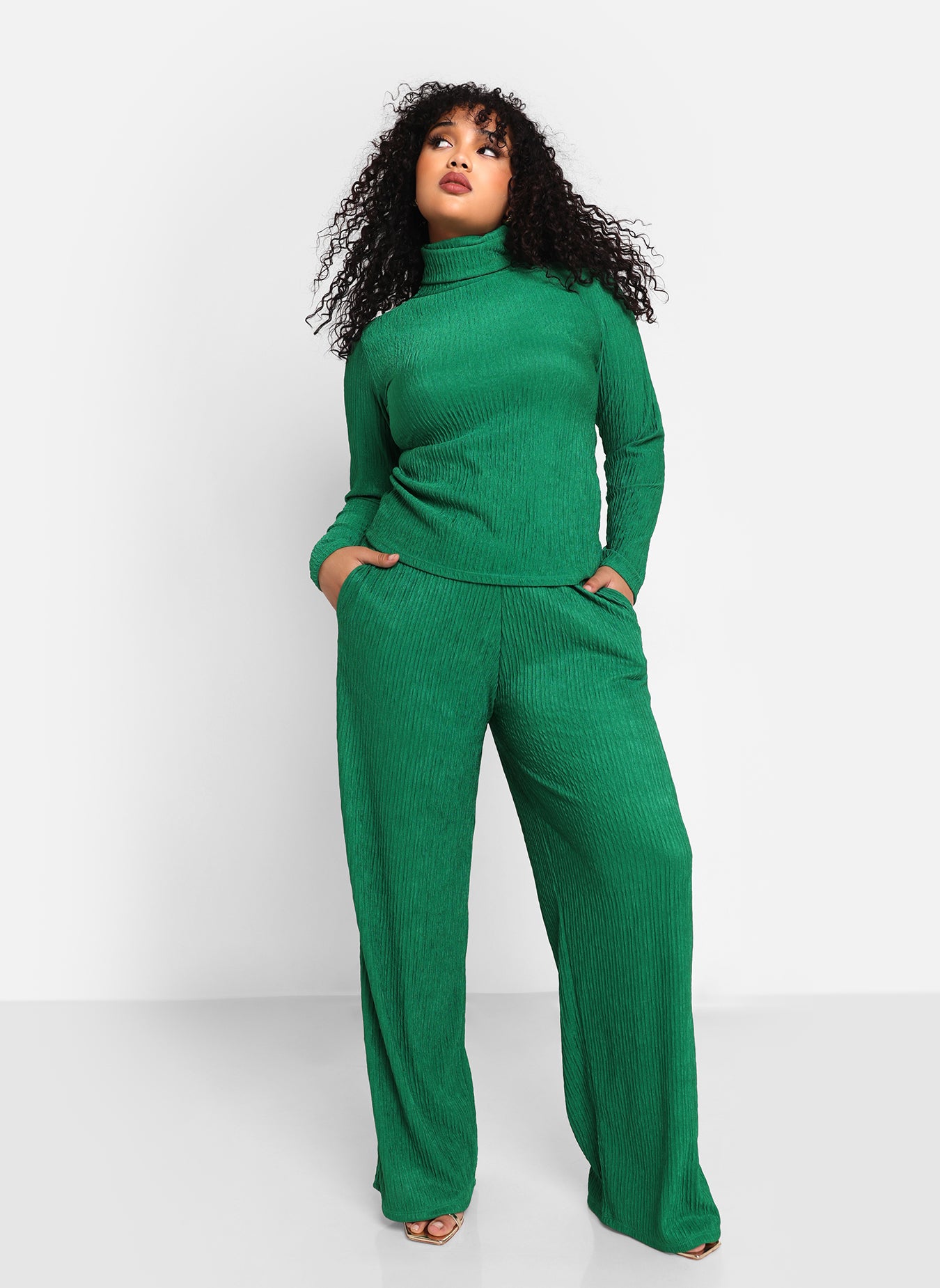 Abby Textured Wide Leg Pants W. Pockets - Forest Green