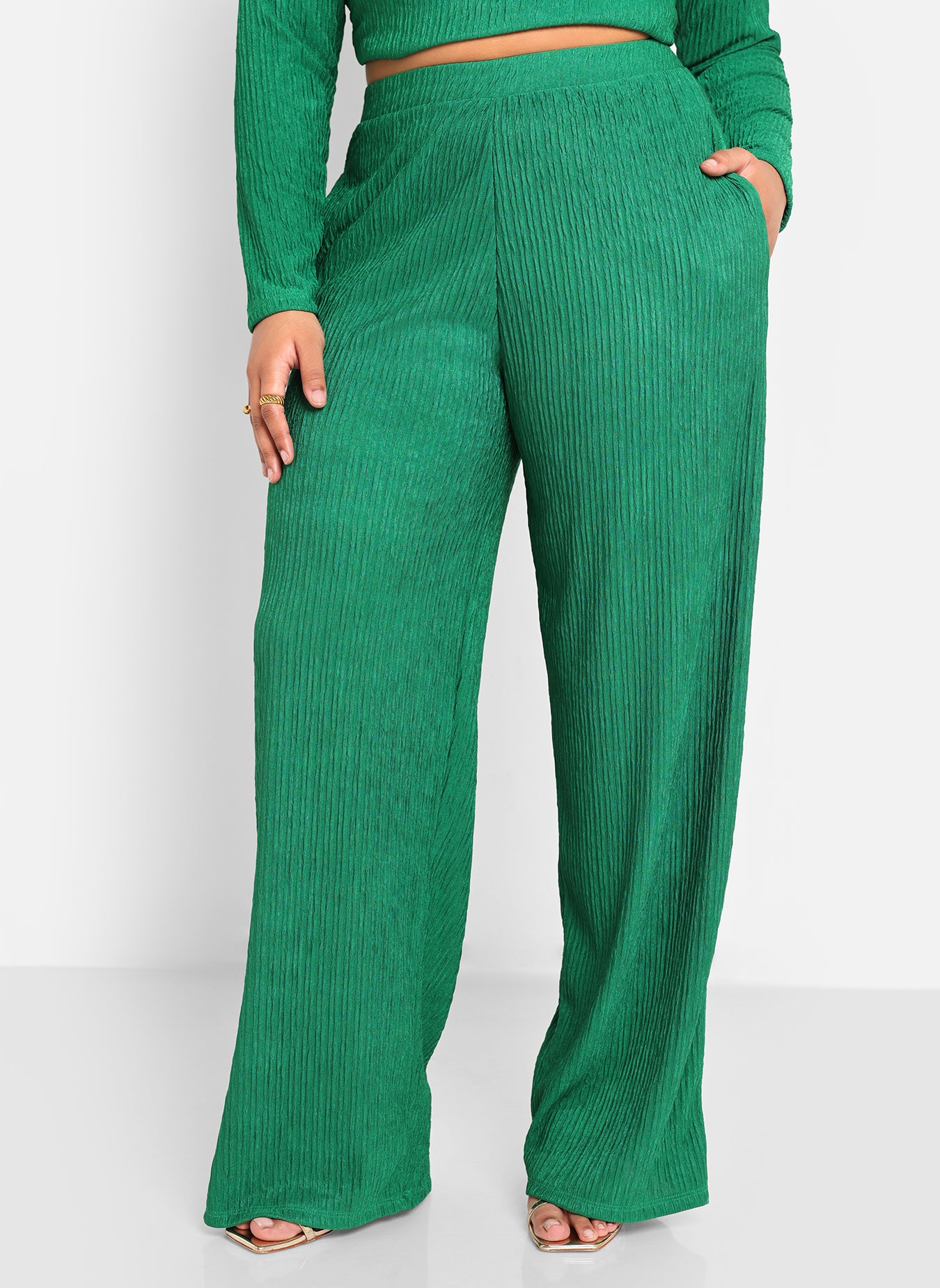 Abby Textured Wide Leg Pants W. Pockets - Forest Green