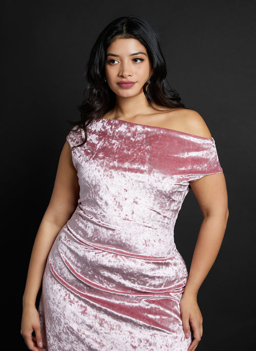 Addison Velvet Off Shoulder Midi A Line Dress - Rose Pink