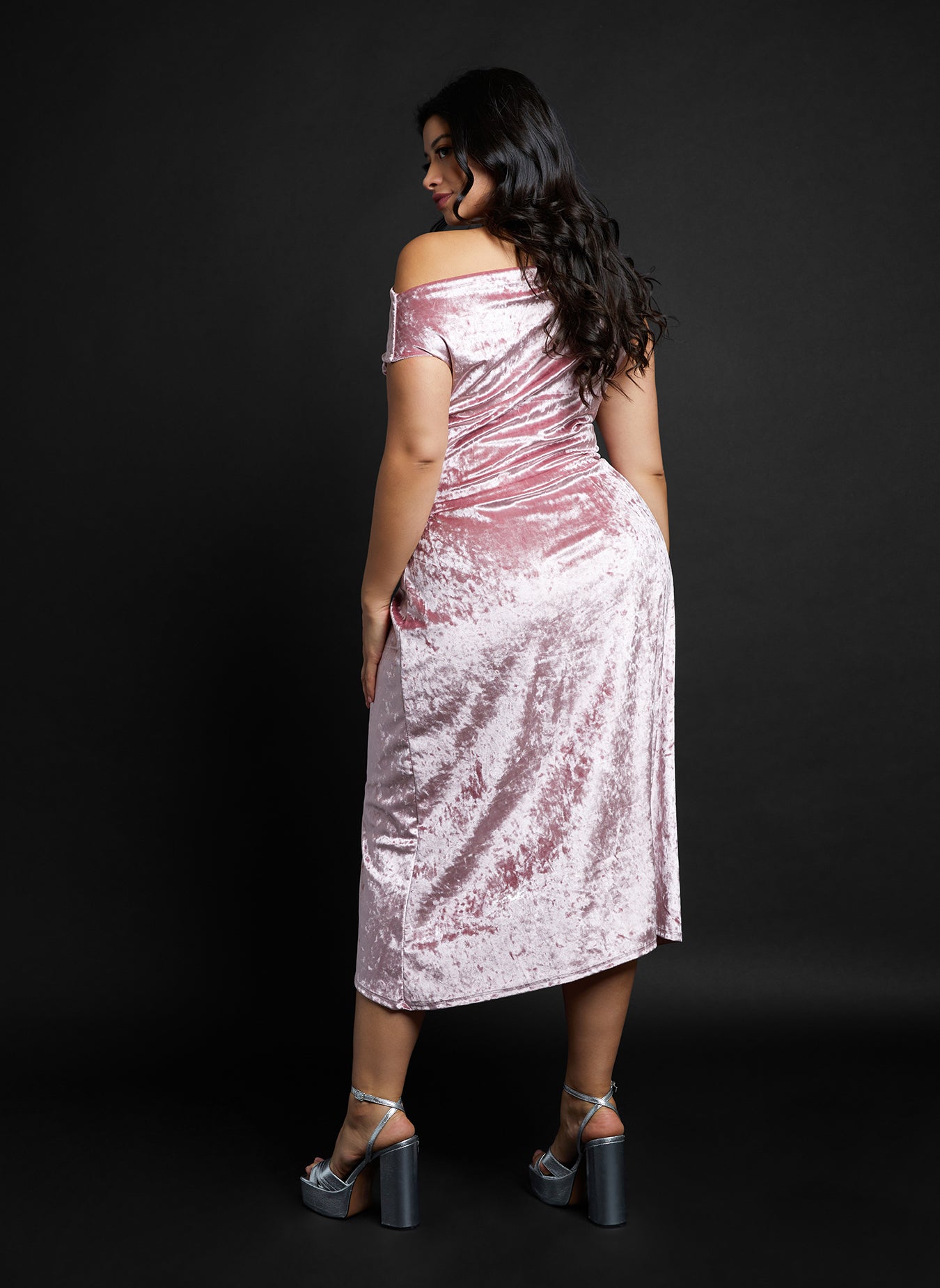 Addison Velvet Off Shoulder Midi A Line Dress - Rose Pink