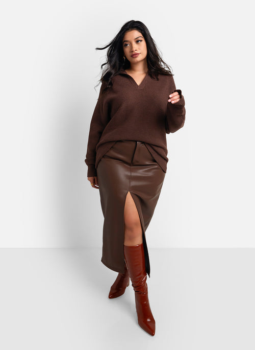 Ainslee Vegan Leather Midi Bodycon Skirt - Chocolate