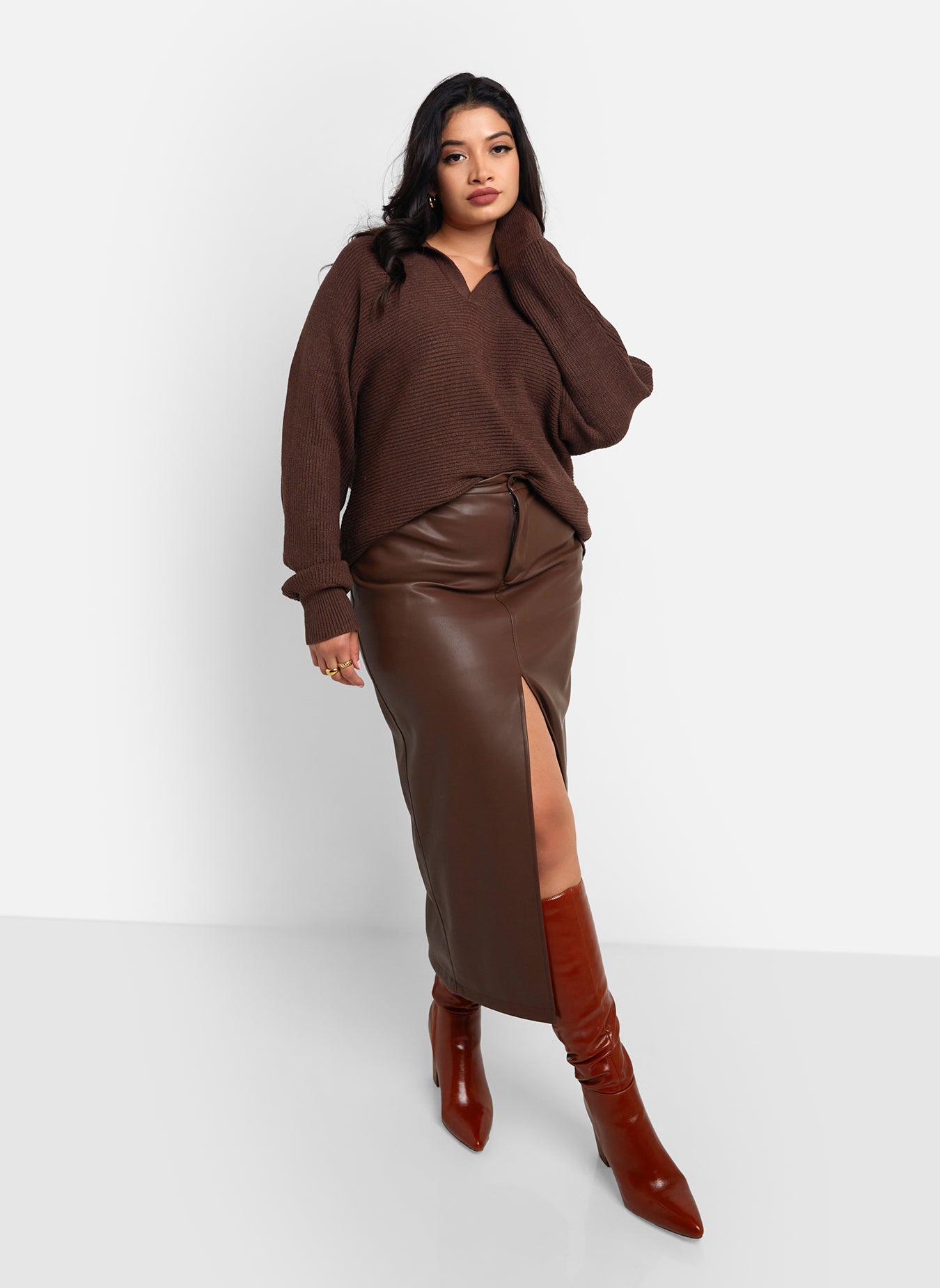 Ainslee Vegan Leather Midi Bodycon Skirt - Chocolate