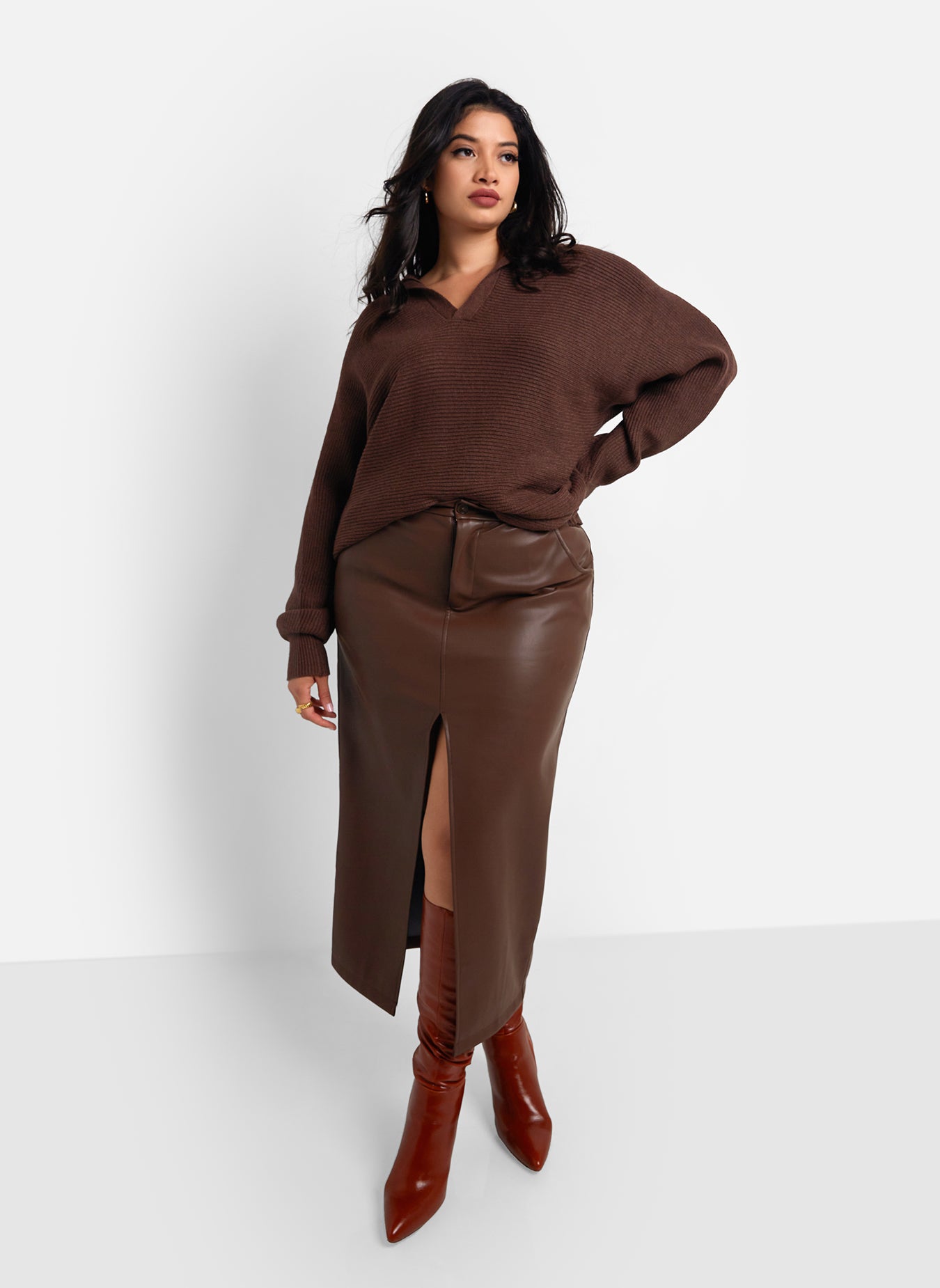 Ainslee Vegan Leather Midi Bodycon Skirt - Chocolate
