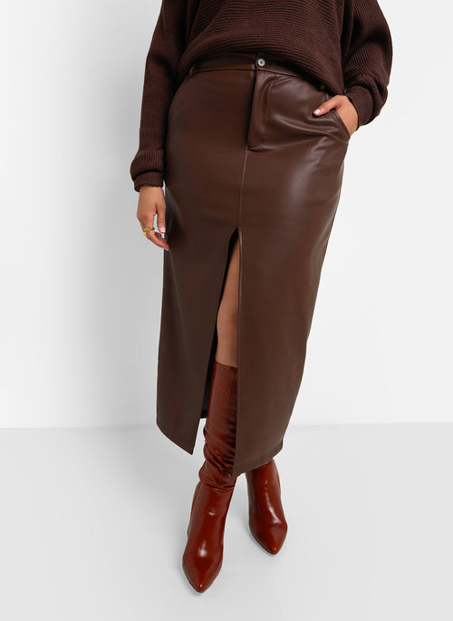 Ainslee Vegan Leather Midi Bodycon Skirt - Chocolate