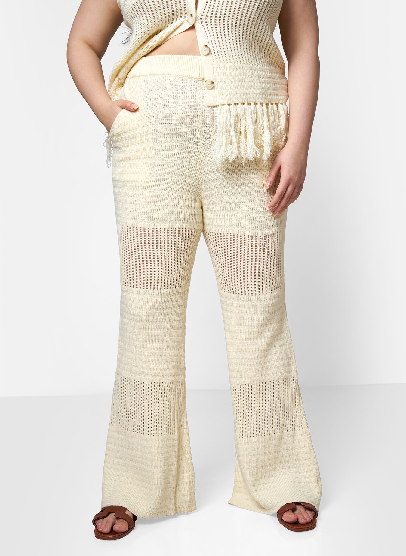 Aisha Knit Bell Bottom Pants W. Pockets - Ivory
