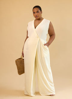 Alia Linen Wrap Overlay Wide Leg Jumpsuit - Ivory