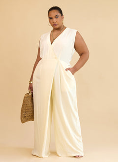 Alia Linen Wrap Overlay Wide Leg Jumpsuit - Ivory