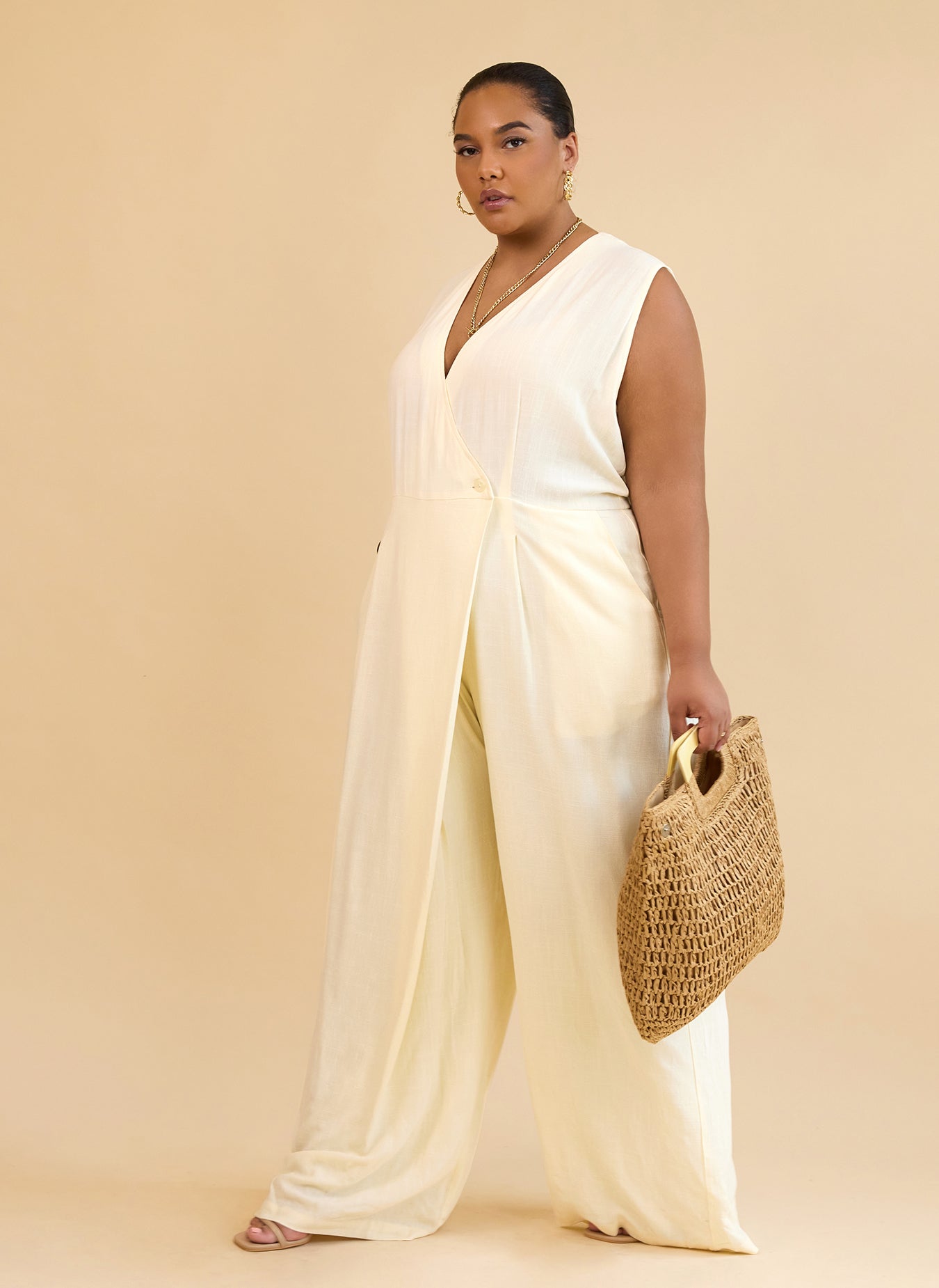 オールインワン・サロペット ALYSI LINEN WIDE-LEG JUMPSUIT Alia Linen Wrap Overlay Wide Leg Jumpsuit - Ivory – REBDOLLS