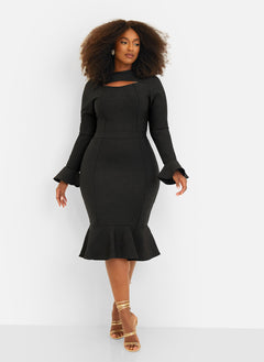 Amie Bandage Bell Sleeve Midi Bodycon Dress - Black