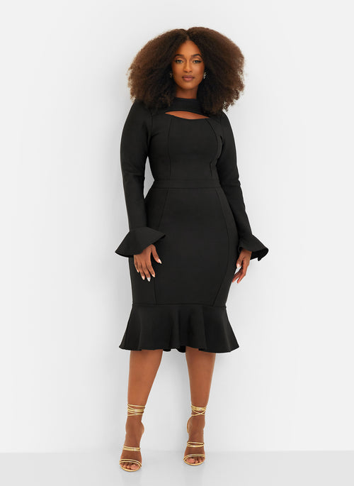 Amie Bandage Bell Sleeve Midi Bodycon Dress - Black