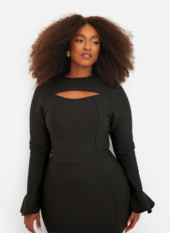 Amie Bandage Bell Sleeve Midi Bodycon Dress - Black