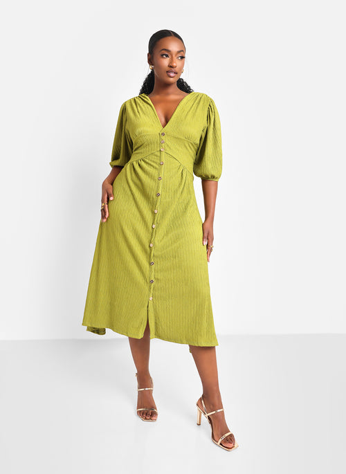 Ana Textured Button Front Midi A Line Dress - Chartreuse