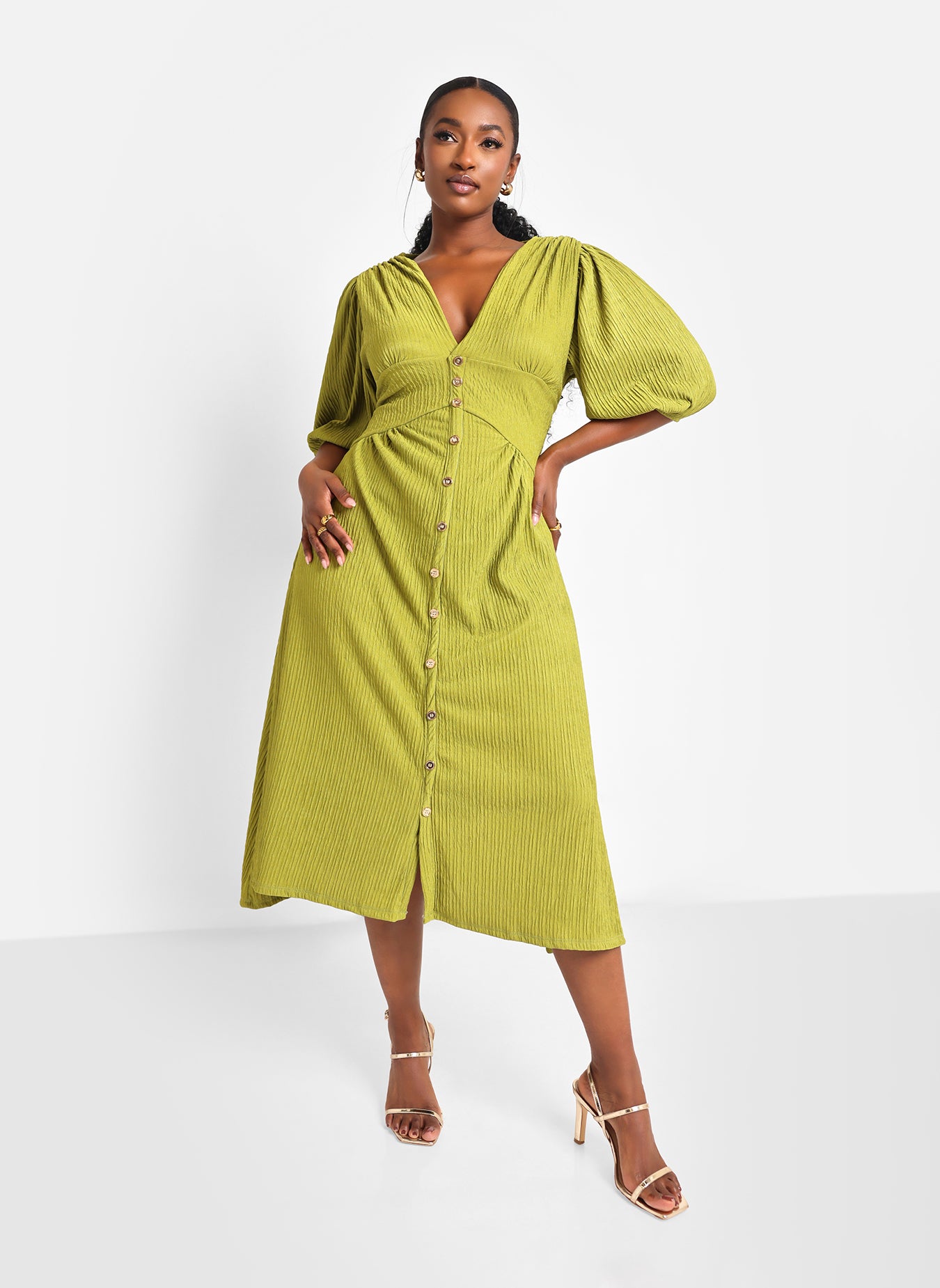 Ana Textured Button Front Midi A Line Dress - Chartreuse