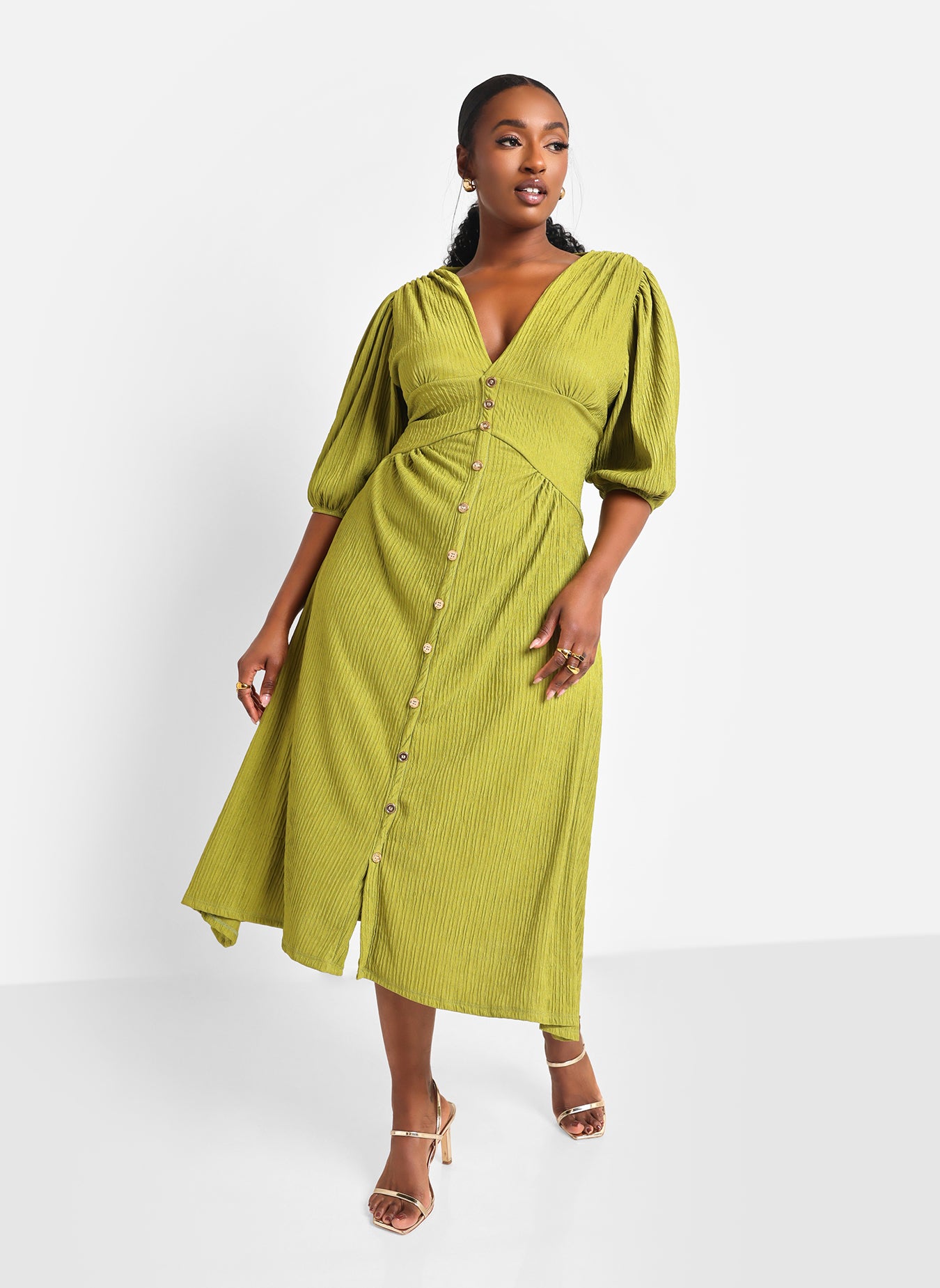 Ana Textured Button Front Midi A Line Dress - Chartreuse