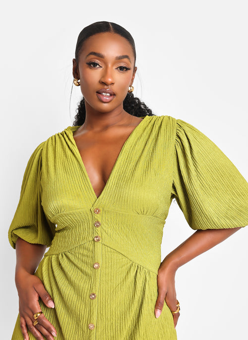 Ana Textured Button Front Midi A Line Dress - Chartreuse