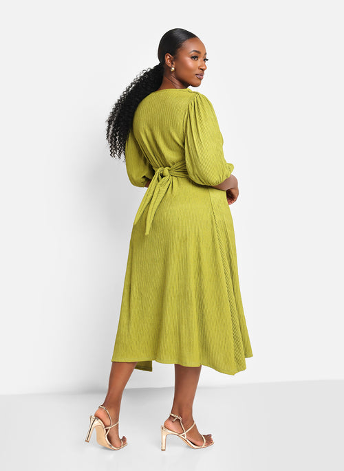 Ana Textured Button Front Midi A Line Dress - Chartreuse