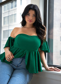 Dina Textured Off Shoulder Peplum Top - Pine Green