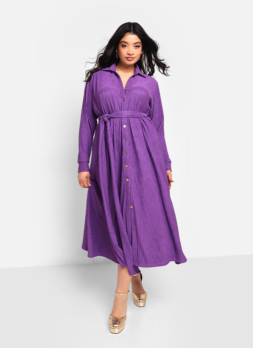 Bellamy Textured Button Front Midi A Line Dress - Violet