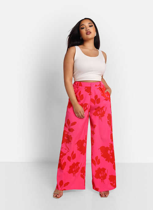 Carissa Floral Print Wide Leg Trousers W. Pockets