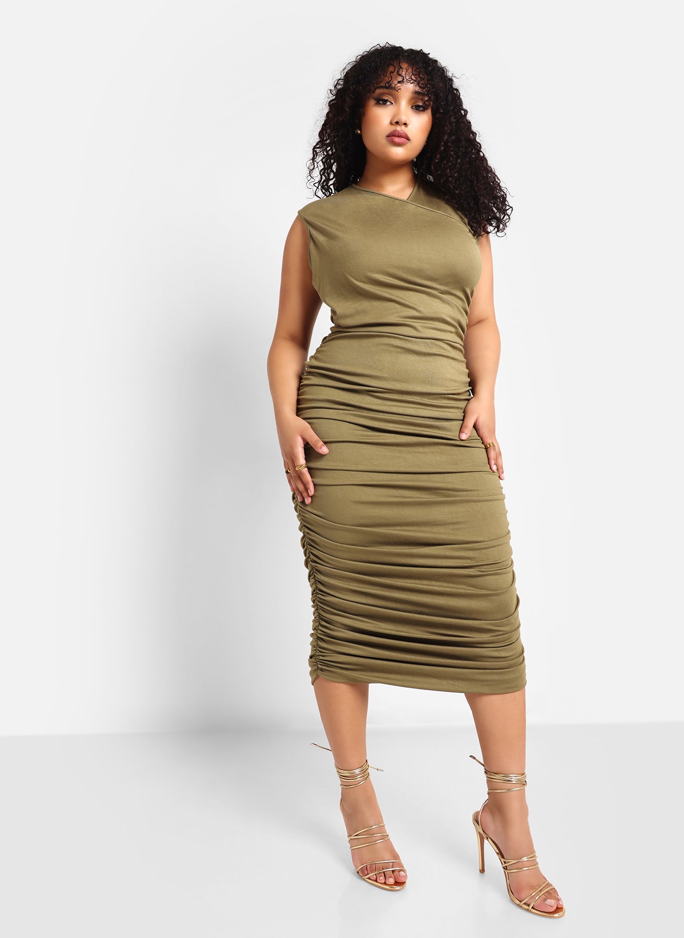 Cayla Ruched Maxi Bodycon Dress - Olive