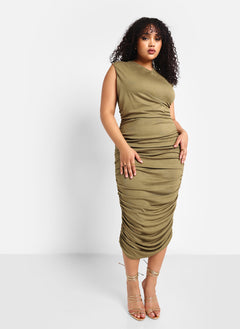 Cayla Ruched Maxi Bodycon Dress - Olive