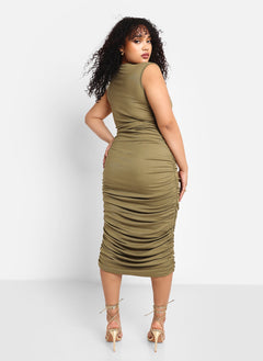 Cayla Ruched Maxi Bodycon Dress - Olive