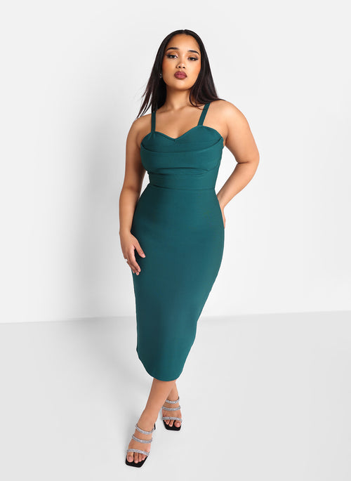 Cher Bandage Cowl Neck Midi Bodycon Dress - Emerald