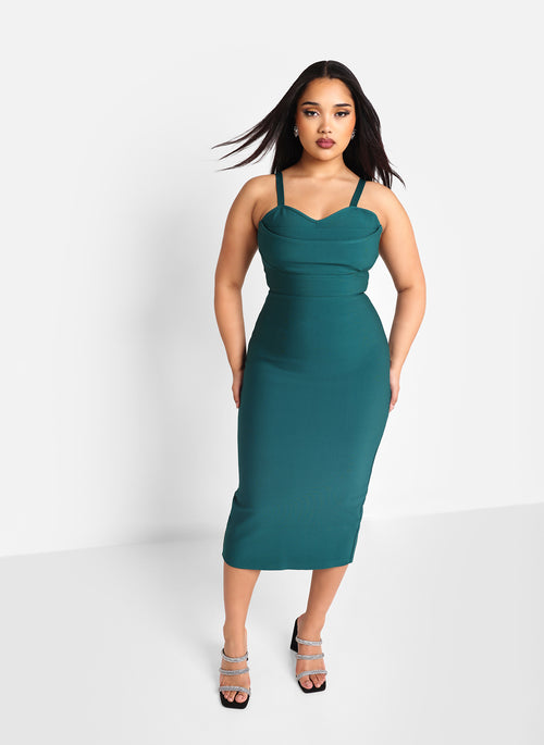 Cher Bandage Cowl Neck Midi Bodycon Dress - Emerald